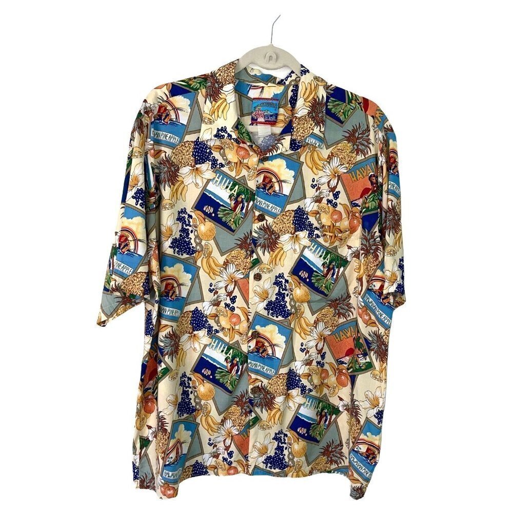 Joe Kealoha Hawaiian Shirt Mens Size Large L Vintage Pineapple Fruit Print Rayon